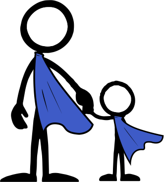 Parenting Now Ad of an adult and child stick figure, both wearing capes.