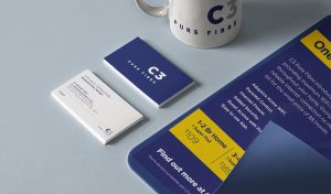 C3 Pure Fibre business card and mug designs